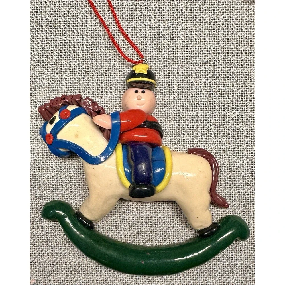 5 Polymer Clay Ornaments Christmas Tree Cat Rocking Horse Santa Nostalgic CUTE